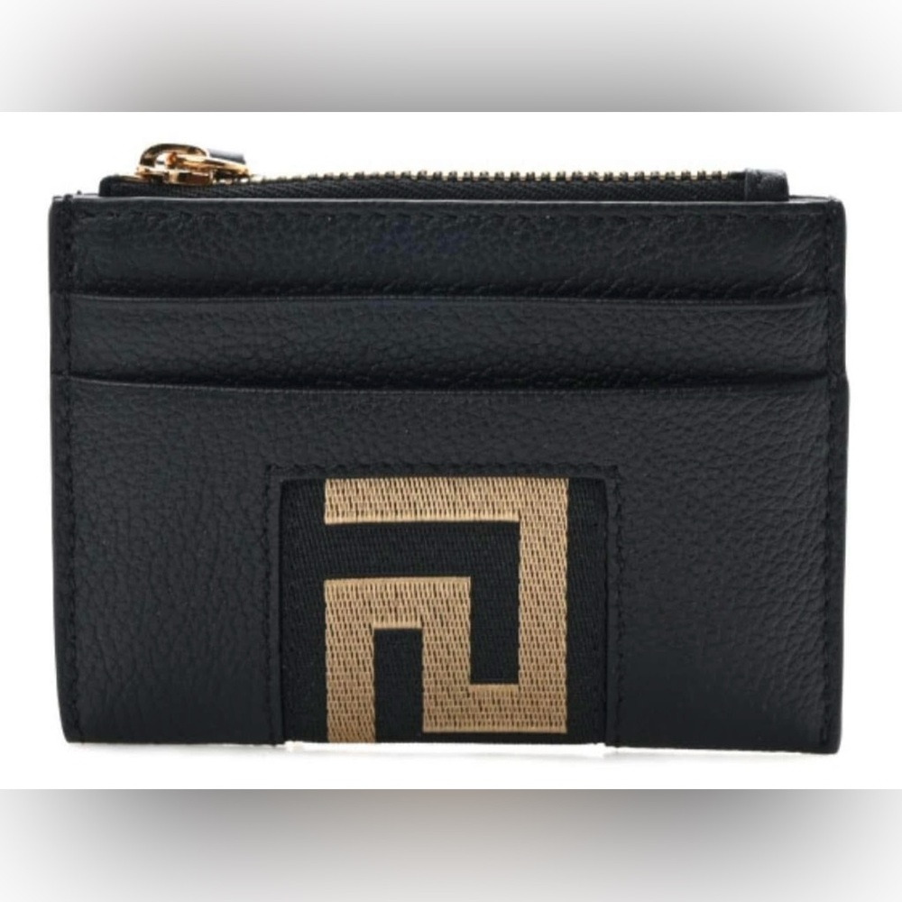 Versace Grained Calfskin Ribbon Greca Zip Card Holder Wallet Black Gold